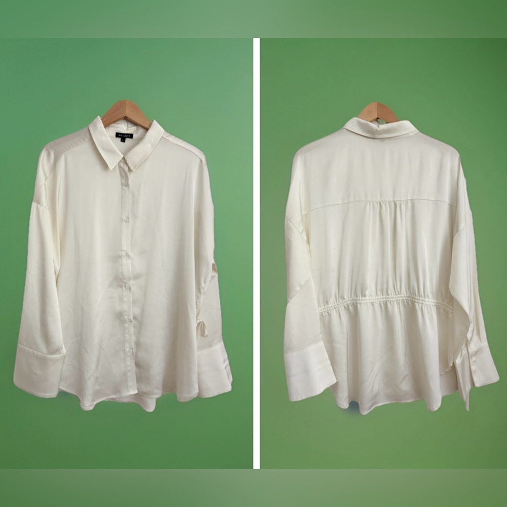 William B Silky Satin Cream Button-Up Blouse Side Tie Detail Size Large Ivory
